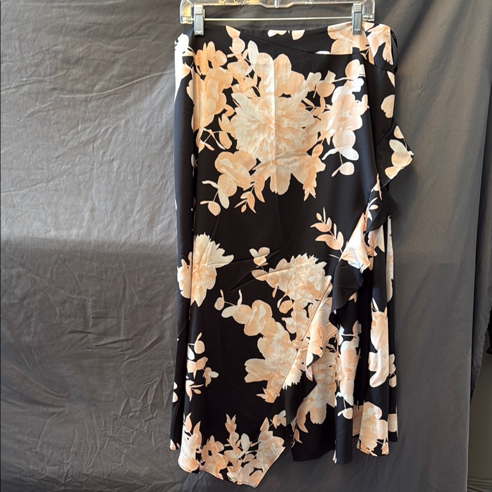 Calvin Klein Black and Cream Asymmetrical Wrap Midi Skirt